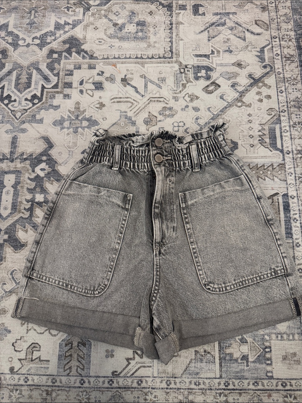 Zara US 0 Washed Black Paperbag High Rise Denim Shorts Patch Pockets